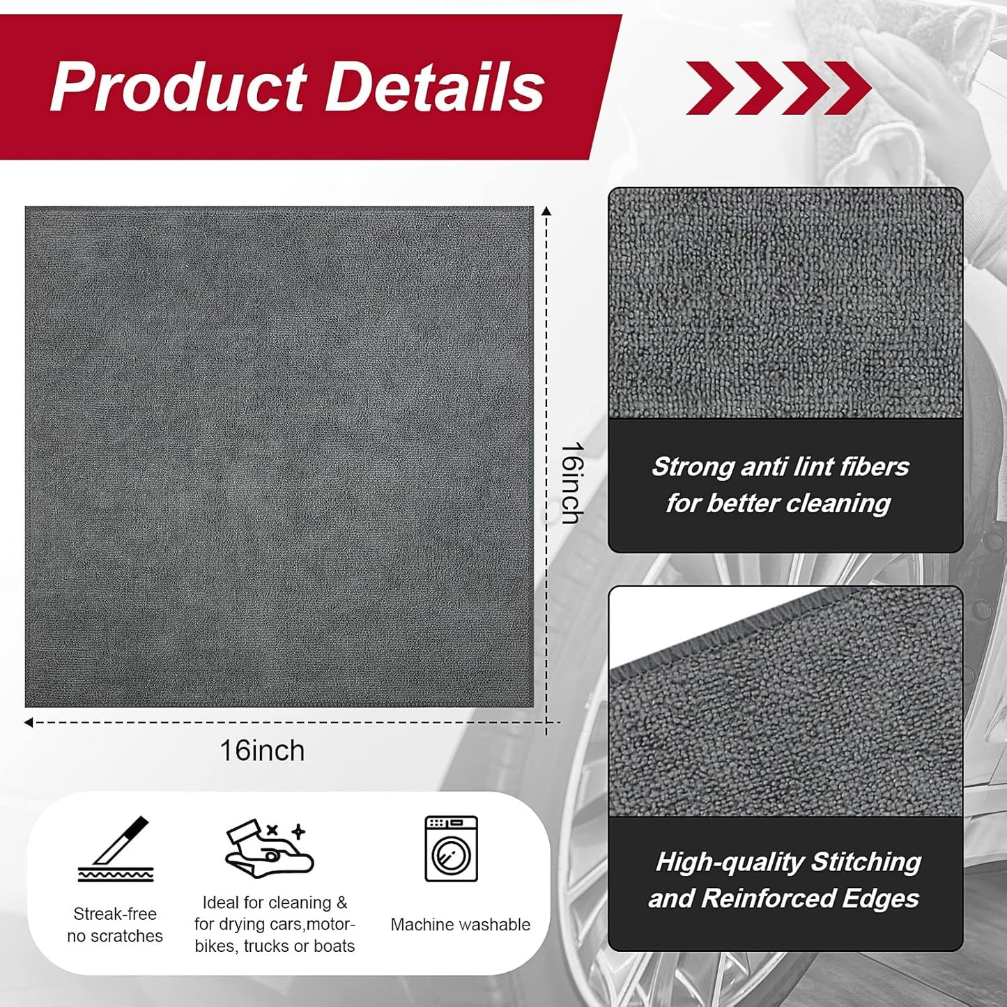 16 Pcs Microfiber Cleaning Cloth 16x16 Inch Microfiber Towels for Car Ultra Absorbent Cleaning Rags Reusable Lint Free Streak Free Detailing Towel for Car Washing Drying Dusting (Gray)