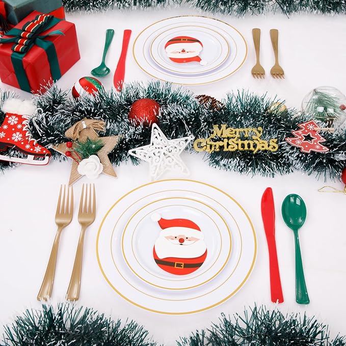 WDF 180 Pieces Plastic Christmas Silverware - Disposable Cutlery Set Incluede 60 Gold Forks, 60 Red Knives and 60 Green Spoons - Heavy Duty Plastic Flatware - Disposable Utensils for Christmas