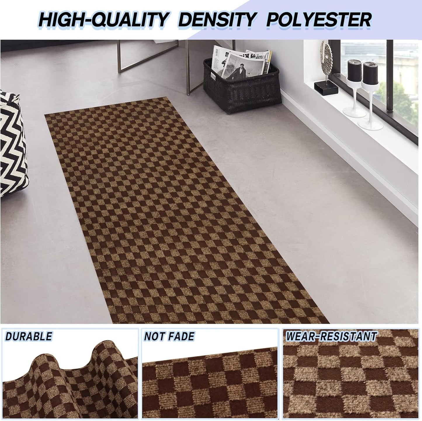 Custom Size Backed Non-Slip Area Rugs Runner, Easy Clean, Waterproof Runner Rugs for Hallway Entryway, Kitchen, Laundry, 3FT x 77FT, Brown Checkered