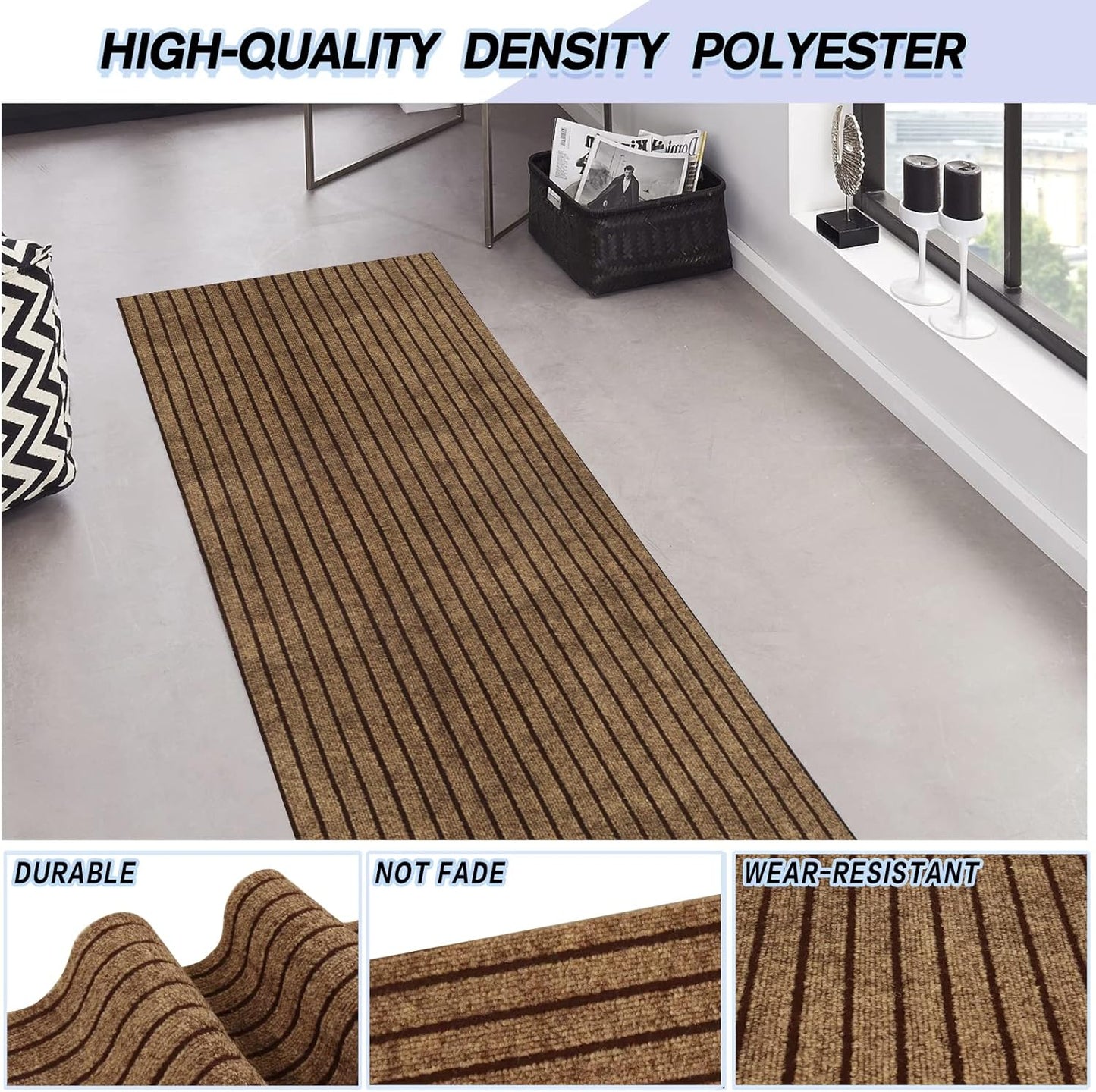 Custom Size Backed Non-Slip Area Rugs Runner, Easy Clean, Waterproof Runner Rugs for Hallway Entryway, Kitchen, Laundry, 2FT x 27FT, Brown Stripe