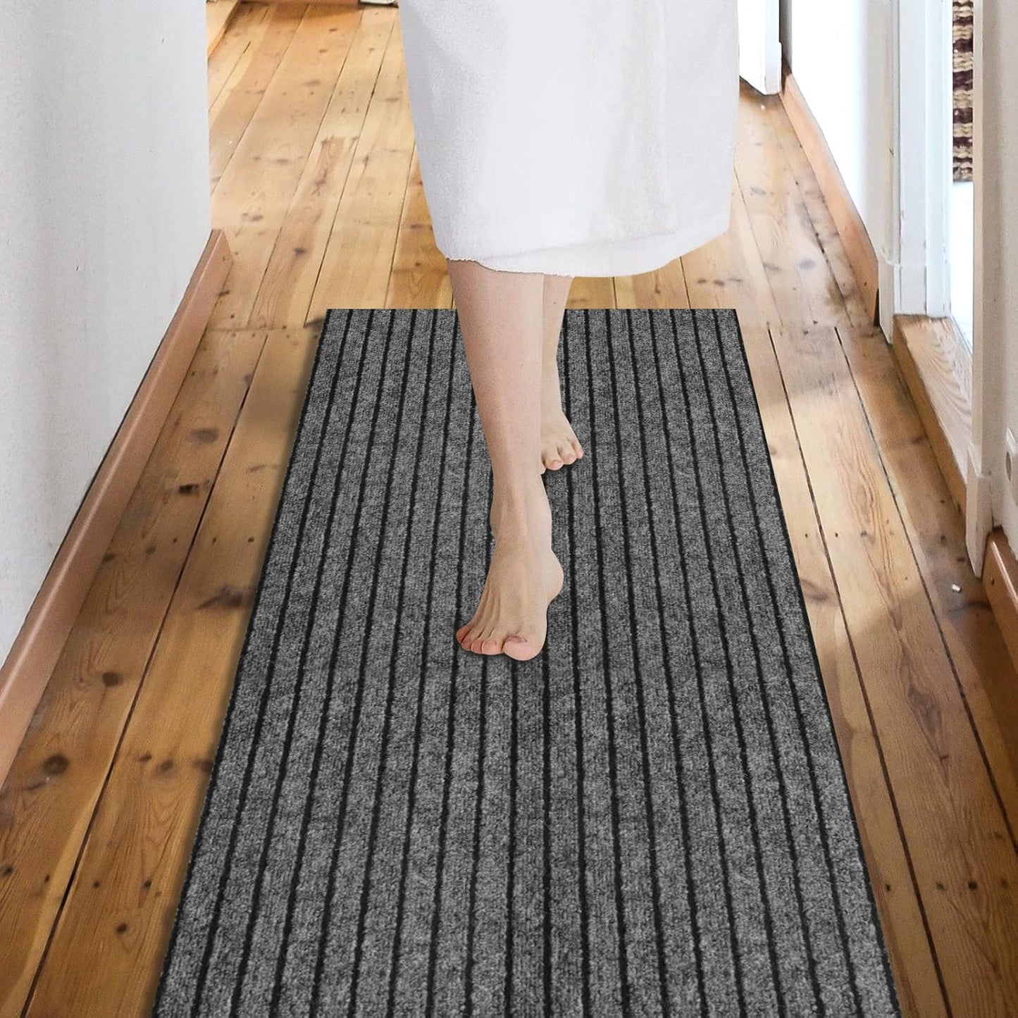 Custom Size Backed Non-Slip Area Rugs Runner, Easy Clean, Waterproof Runner Rugs for Hallway Entryway, Kitchen, Laundry, 4FT x 51FT, Gray Stripe