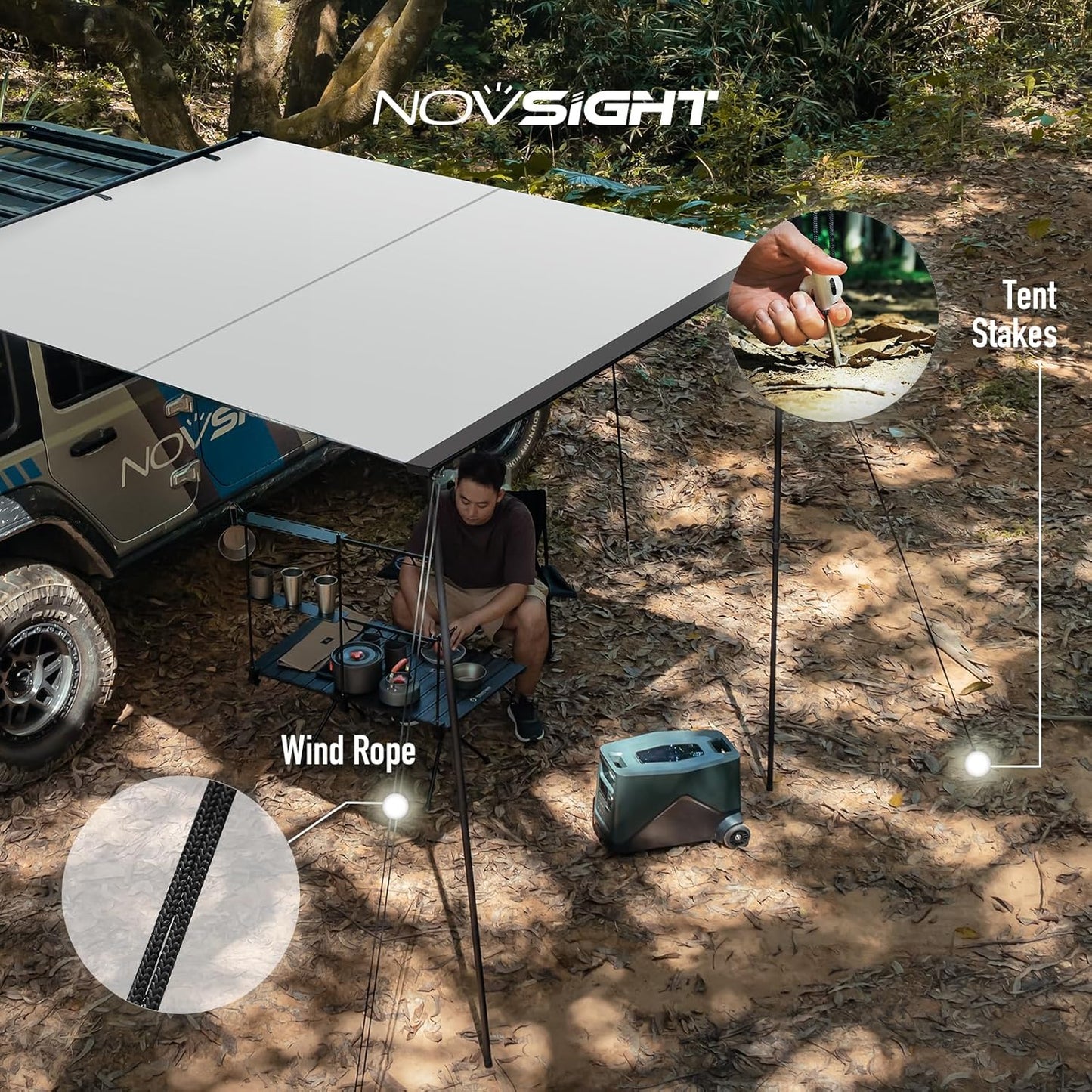 NOVSIGHT Car Side Off Road Awning 8.2 x 10ft, Waterproof Pull-Out for Camping 5000mm PU Adjustable Height Retractable Roof Rack Canopy for Travel, Forest Gray