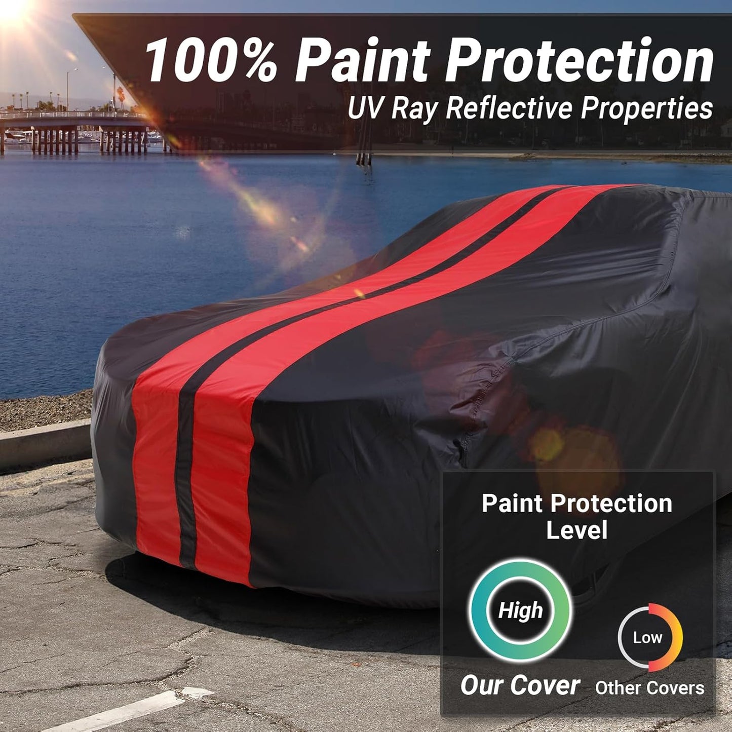 iCarCover Custom Car Cover for Pontiac Chieftain 2-Door, 4-Door (1955-1958) Waterproof All-Weather Rain Snow UV Sun Protector Full Exterior Indoor Outdoor Car Cover (Stripe - Black/Red)