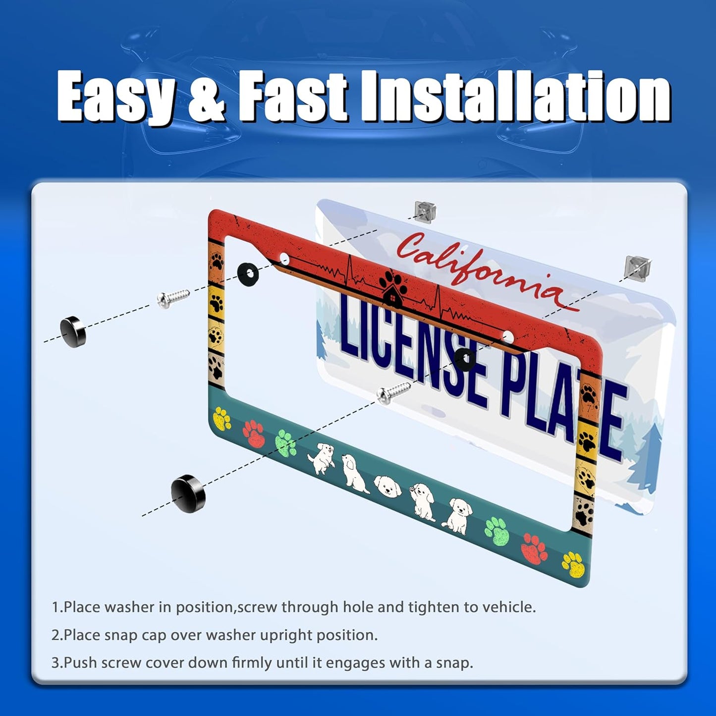 Dog License Plate Frame Cute Dog Paws License Plate Stainless Steel Animal Funny License Plate Holder Personalized Dog Car Accessory Decoration 12.3" x 6.3"for Men Women