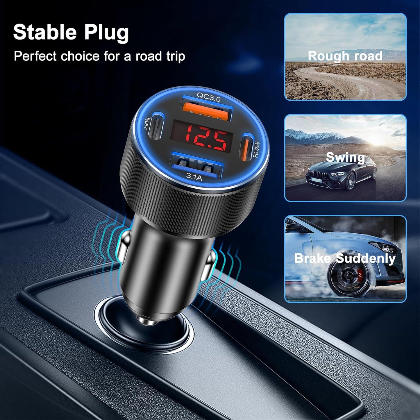 Car Charger USB C, Besgoods 4 Ports Cigarette Lighter USB Charger USB C Car Adapter PD/QC Fast Charging with Voltmeter for iPhone 16 15 14 13 12 Galaxy S24 S23 A54 A15 Android Dash Cam, 2Pack