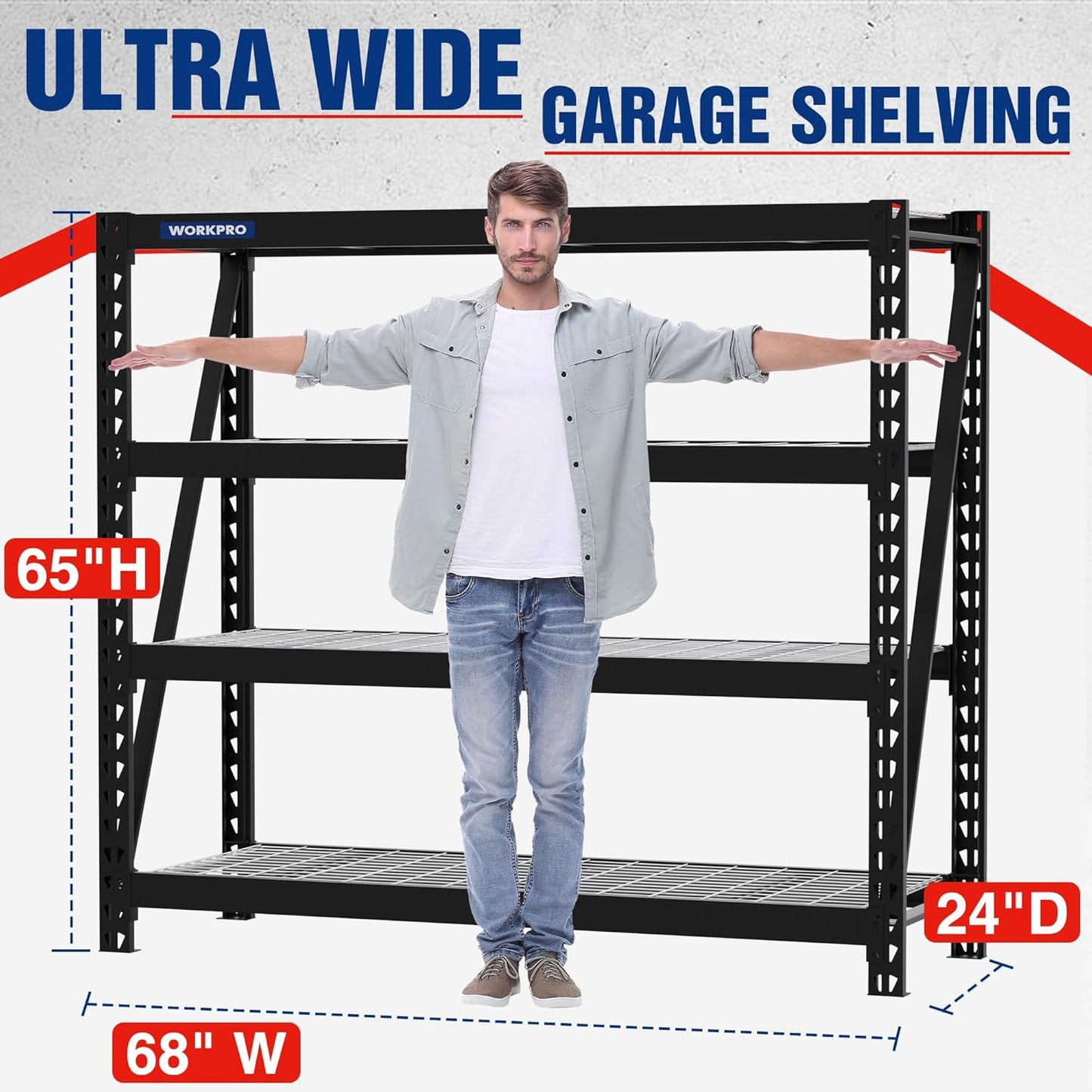 WORKPRO Garage Shelving, 68" W x 24" D x 65" H, 7200 LBS Load, Heavy Duty Metal Shelving for Storage, Industrial Shelving Storage Rack for Warehouse Kitchen Shop Basement, Black, Pack of 10