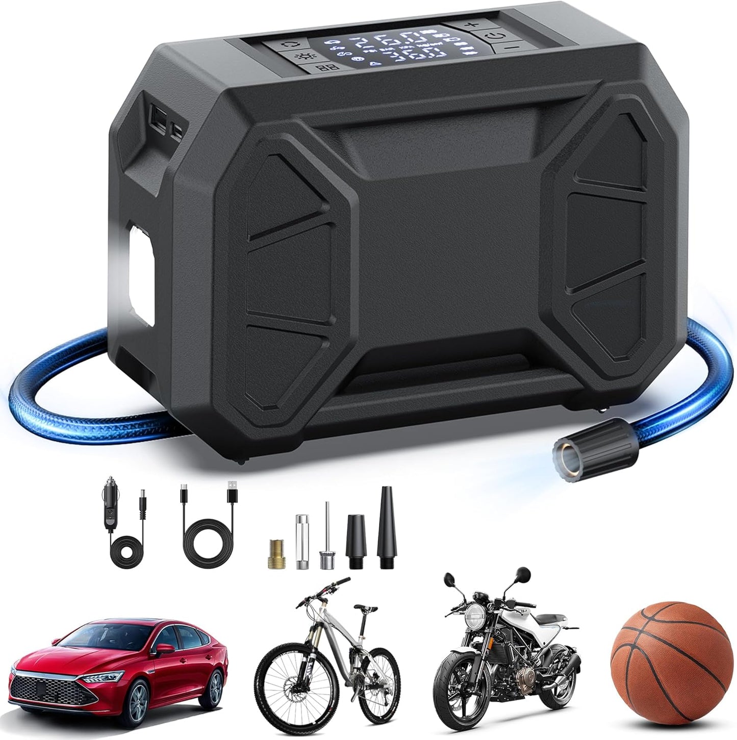 Tire Inflator Portable Air Compressor, 150 PSI Cordless Tire Pump for Car Tire 12V DC Dual Power Battery Tire Inflator Air Pump with Pressure Gauge LED Light for Car, Motorcycle, Bike, Ball