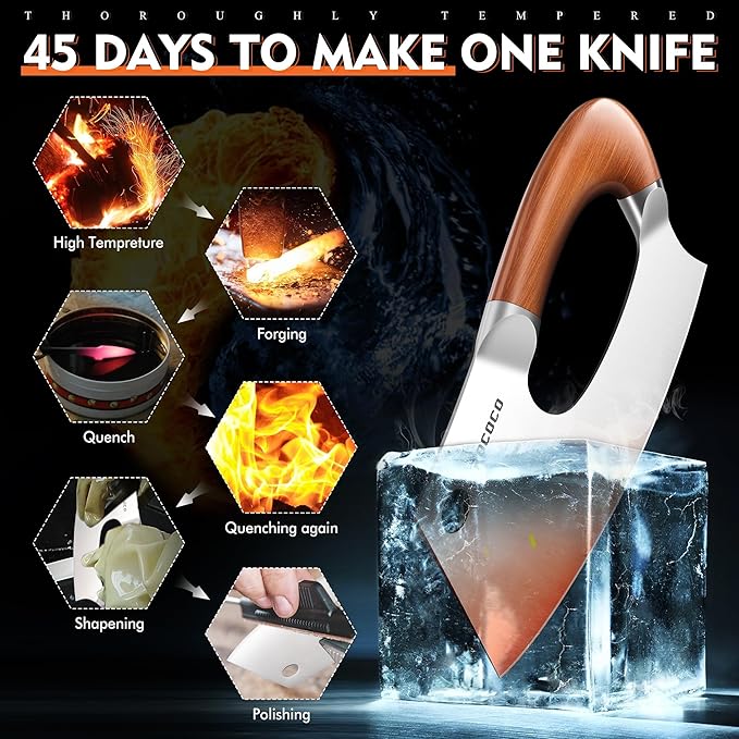 ROCOCO Meat Cleaver Knife Unique Effort Saving Kitchen Knife Professional Stainless Steel Chef Cooking Knives for Cutting Meat Vegetable Father Mother Christmas Gift Bronze
