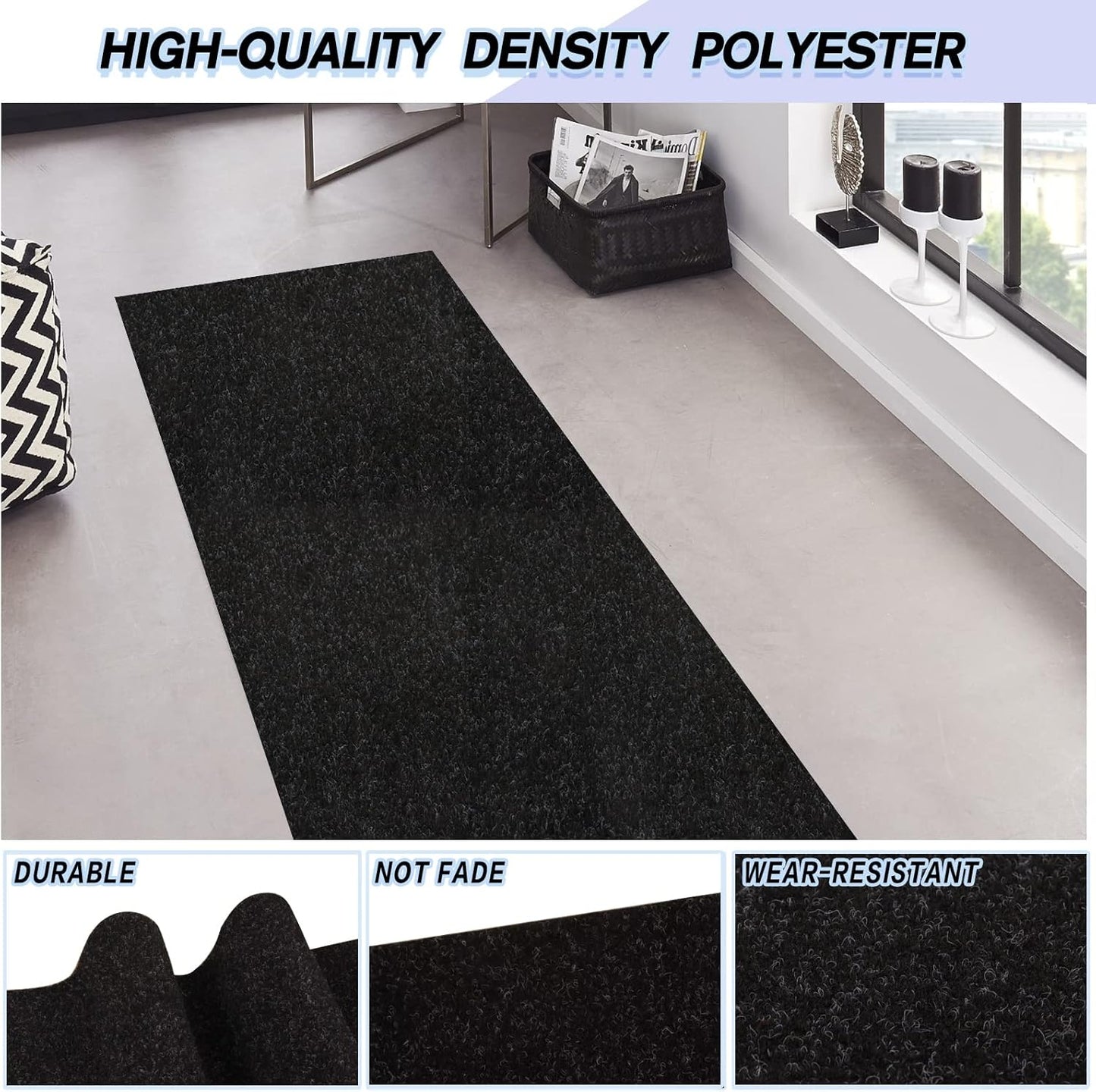 Custom Size Backed Non-Slip Area Rugs Runner, Easy Clean, Waterproof Runner Rugs for Hallway Entryway, Kitchen, Laundry, 4FT x 51FT, Black