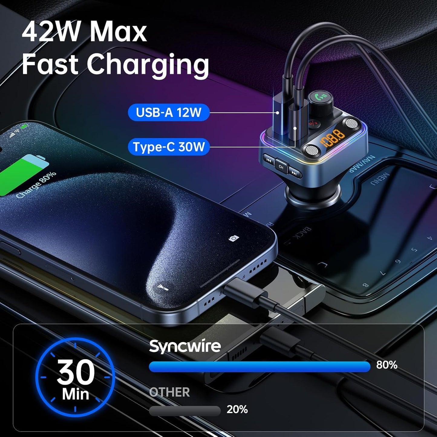 Syncwire Bluetooth 5.4 FM Transmitter Car Adapter 42W [Light Switch] [Stronger Dual Mics] [HiFi Bass Sound] [Fast Charging] Wireless FM Radio Music Adapter Hands-Free Calling Support USB Drive, Blue
