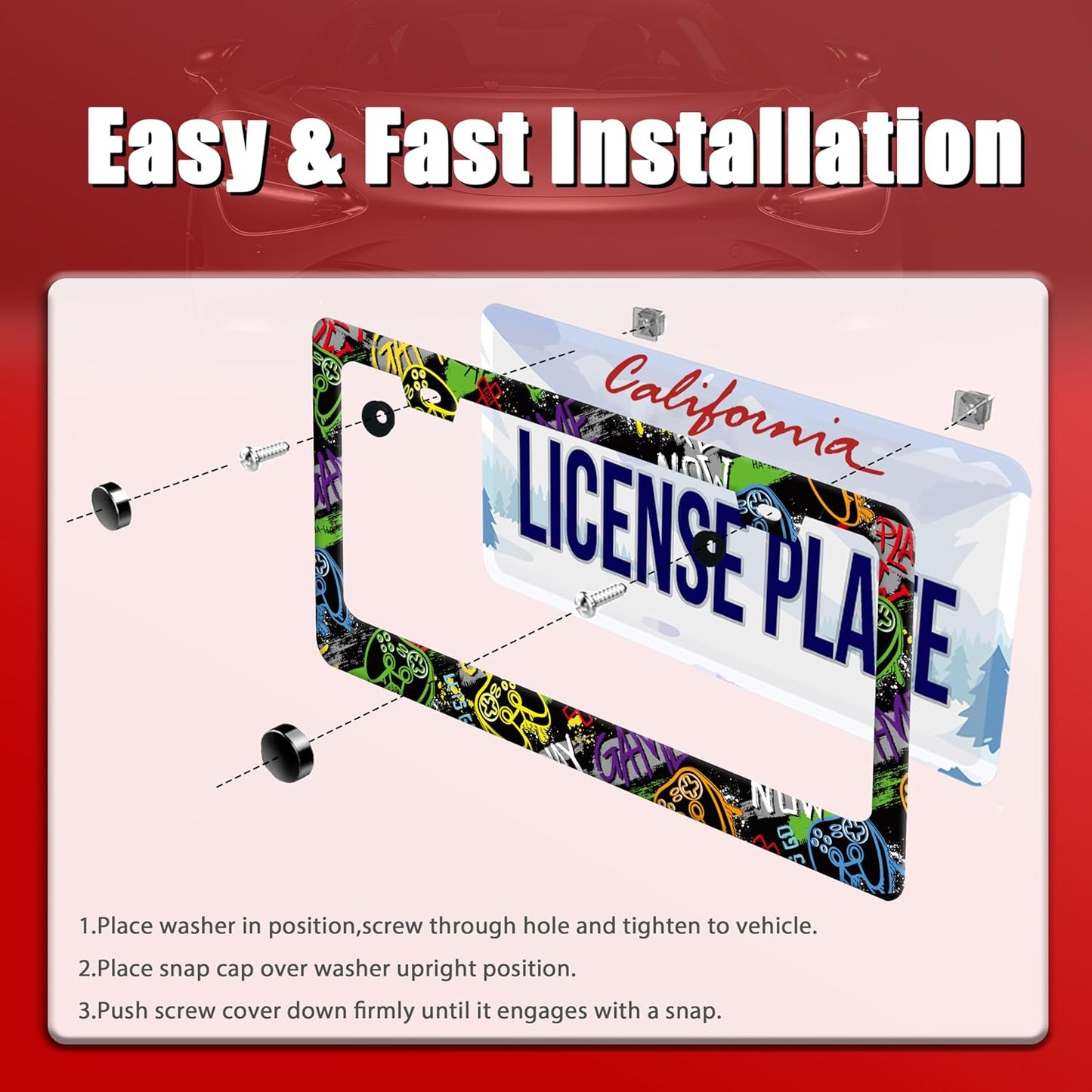 Game License Plate Frame Gamepad License Plate Holder for Car Decorative Parts Stainless Stee License Plate for Standard Us Canada Funny License Plate Frames 12x6 Inch