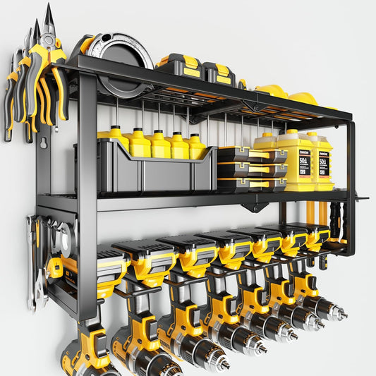 Power Tool Organizer Wall Mount - 300Lbs Load 3 Layers Storage Rack with 7 Drill Holders for Drills Cordless Tools. Heavy Duty Iron Garage Tool Organizer Storage for Workshop Shed Pegboard Basement