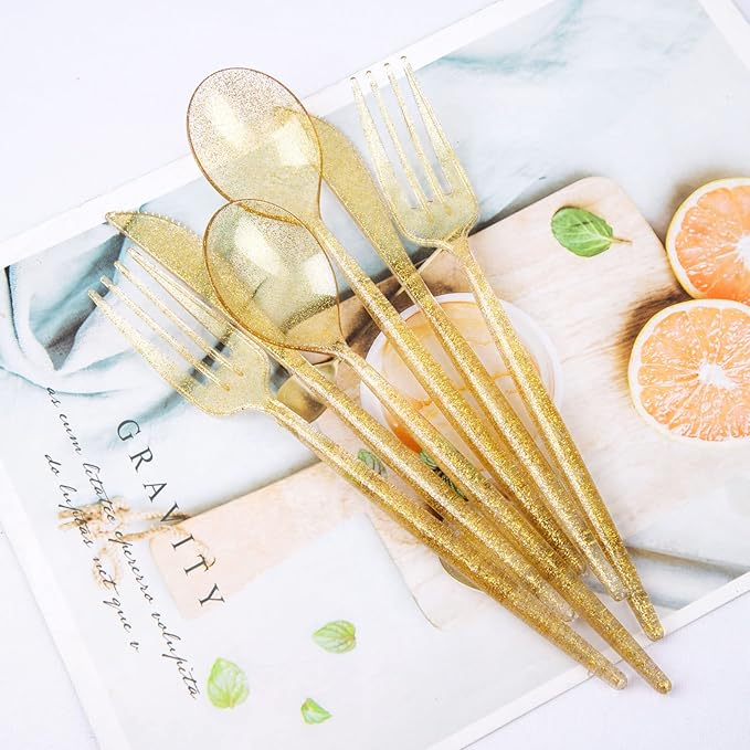 Supernal 180pcs Gold Plastic Silverware Durable Plastic Silverware Gold Glitter Color Party Cutlery Disposable Flatware Heavy Duty Include 60 Forks,60 Knvies,60 Spoons for Wedding,Birthday