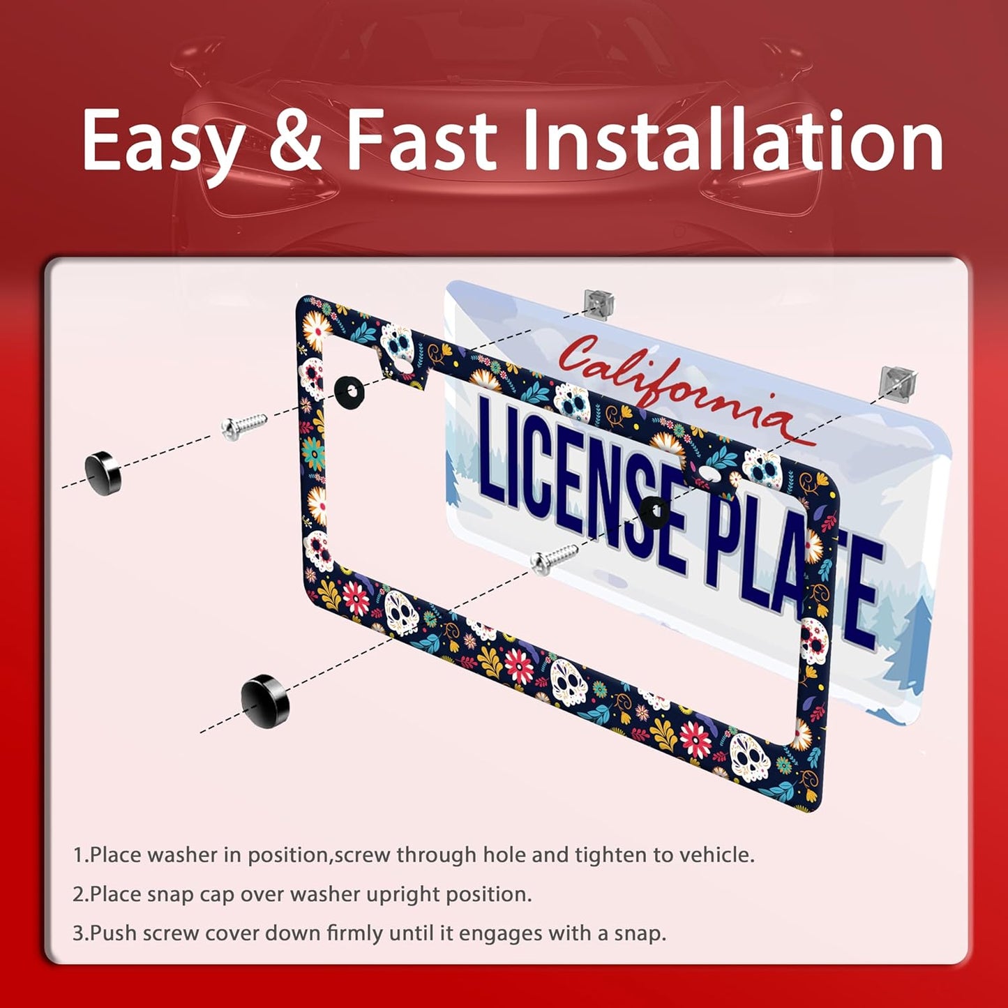 Sugar Skull Flowers License Plate Frame Cute Colorful License Plate Frames Stainless Steel Accessories Cars Decor with 2 Holes and Screws Fits Standard US CA Vehicles Size 12.2 x 6 Inches
