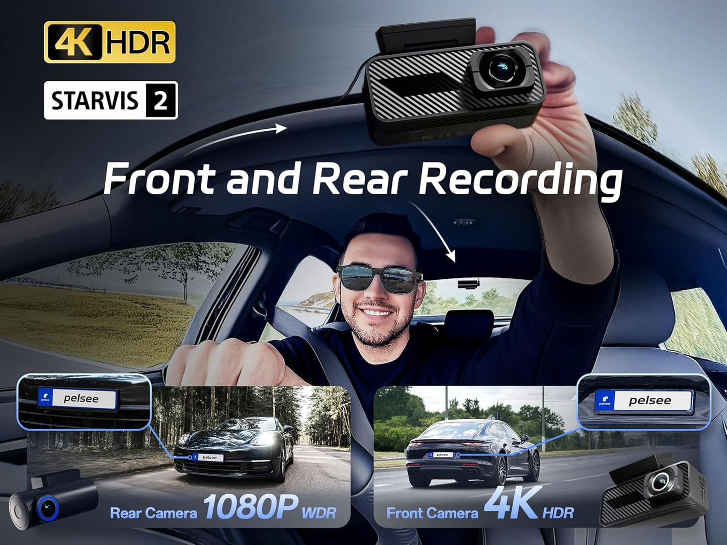 Pelsee P1 Pro Dash Cam Front and Rear, STARVIS 2 Sensor, 4K Dual Dash Camera for Cars with Full-Color Night Vision, HDR WDR, ADAS, GPS, WiFi & Voice Control, 24H Parking Mode, 3.39" Screen, 64GB Card