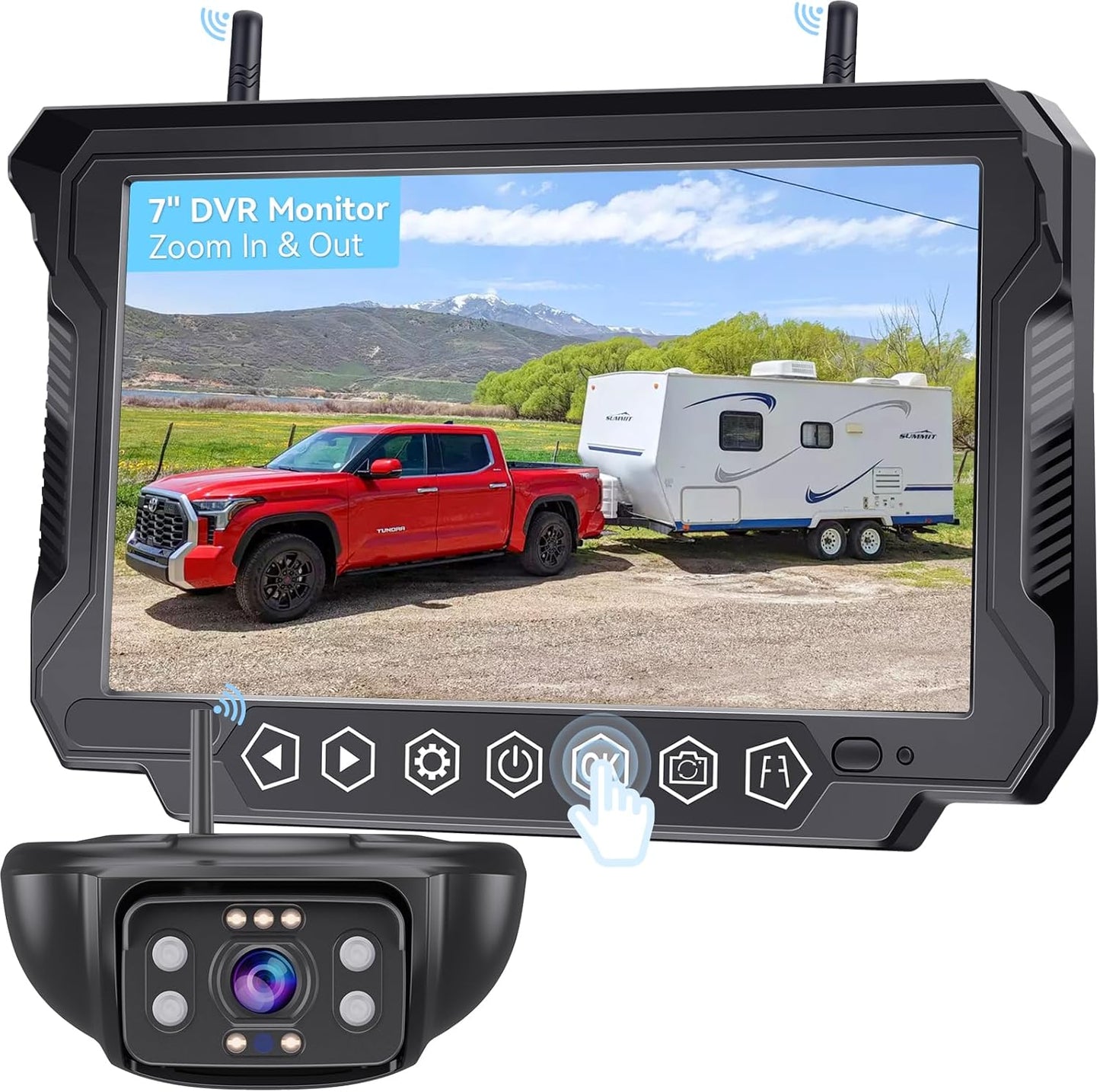 RV Backup Camera Wireless 7-inch for Furrion: Touchkey 4-Channel with Recording 1080P HD RV Rear View Camera Night Vision Waterproof Easy Install for Trailers, Boats, Fifth Wheels