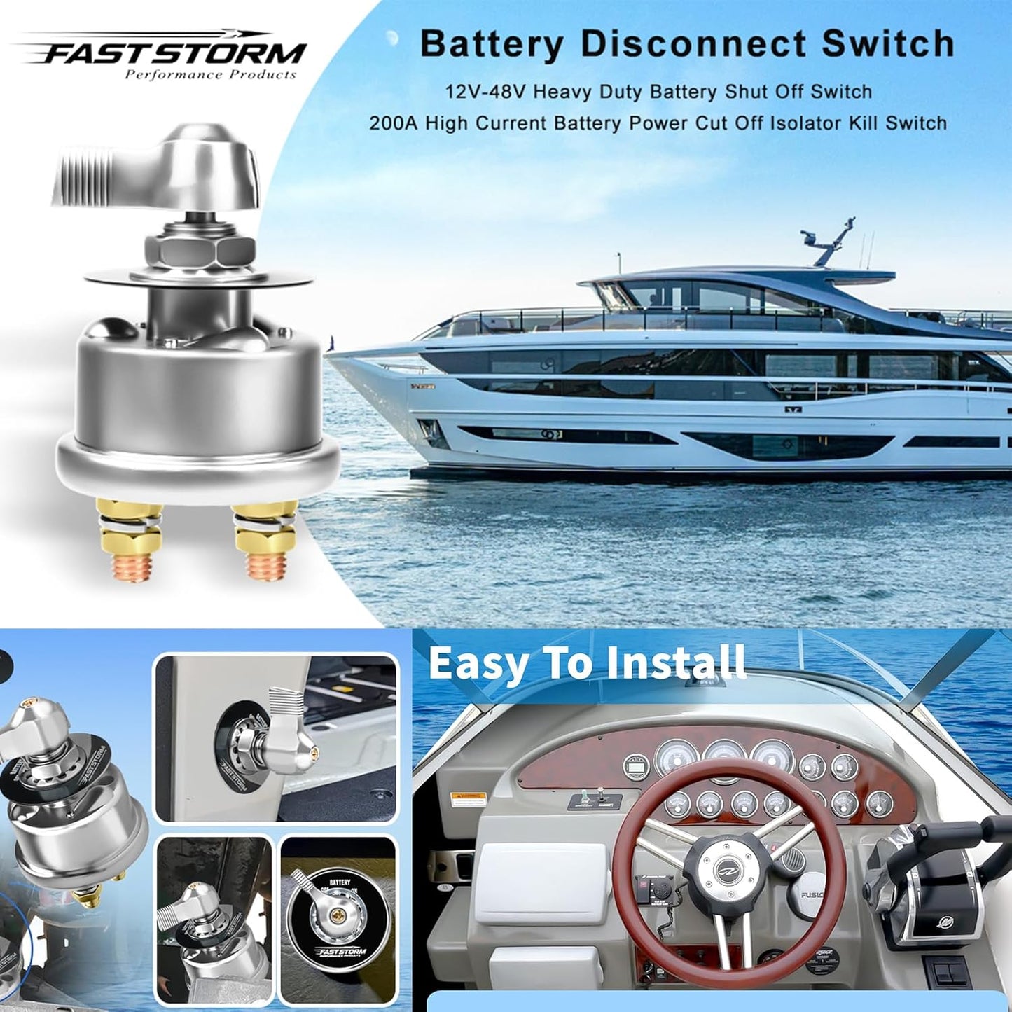 200A High Current Master Battery Disconnect Switch,12-48V Battery Power Cut Off Isolator Killer Switch with Face Plate for Car Vehicle RV Truck Boat Marine ATV