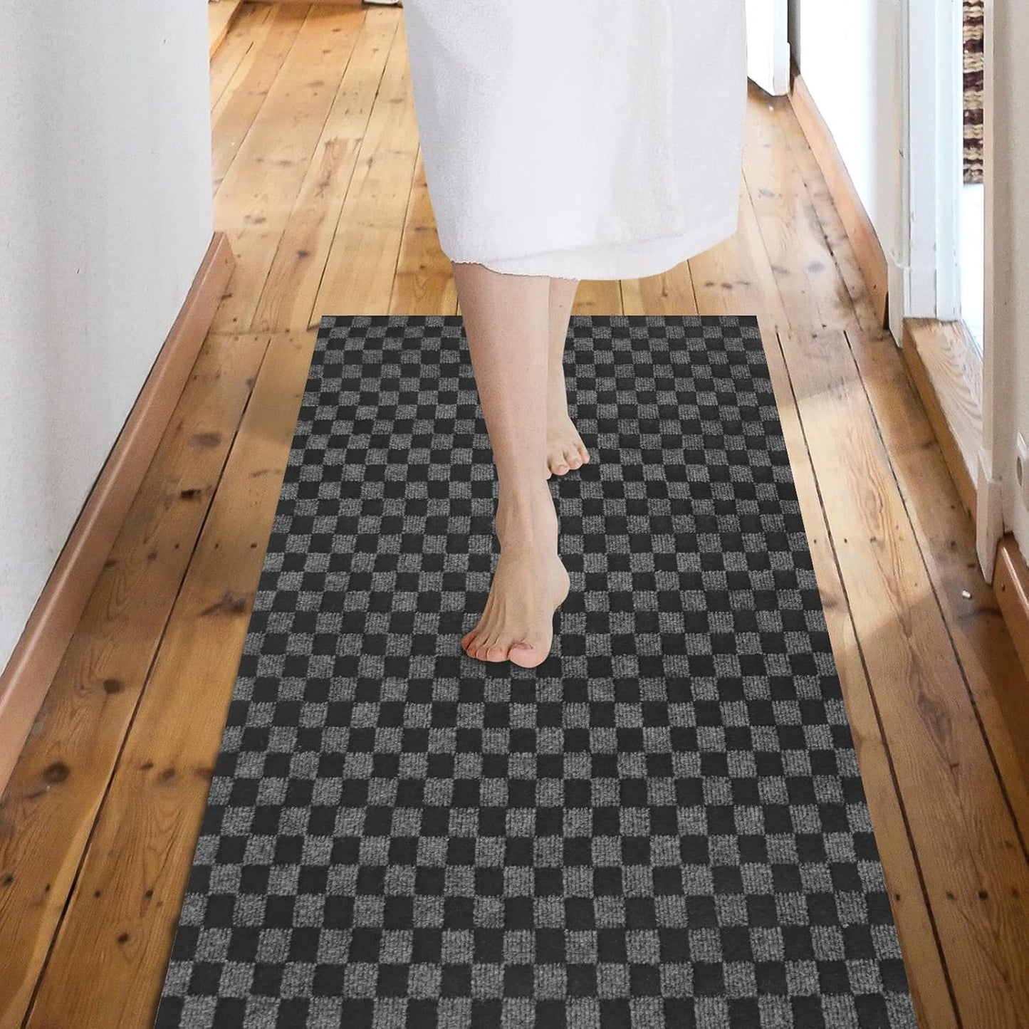 Custom Size Backed Non-Slip Area Rugs Runner, Easy Clean, Waterproof Runner Rugs for Hallway Entryway, Kitchen, Laundry, 4FT x 80FT, Gray Checkered