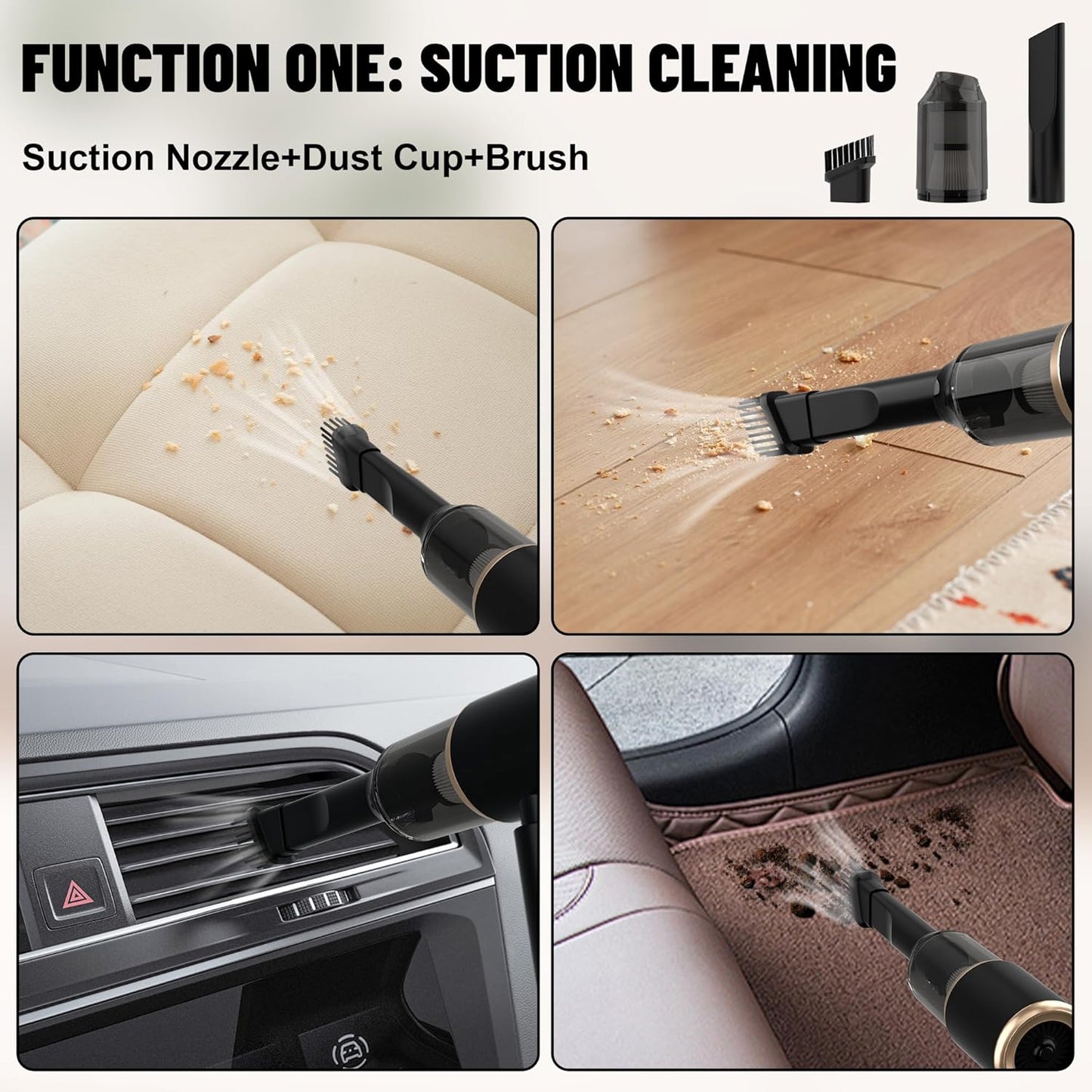Handheld Car Vacuum Portable Cordless, 20000PA High Power 4 in 1 Vacuum Cleaner & Air Duster & Air Blower with 4000mAh Brushless Motor and Multi-Nozzles for Car (20000 PA-Black)