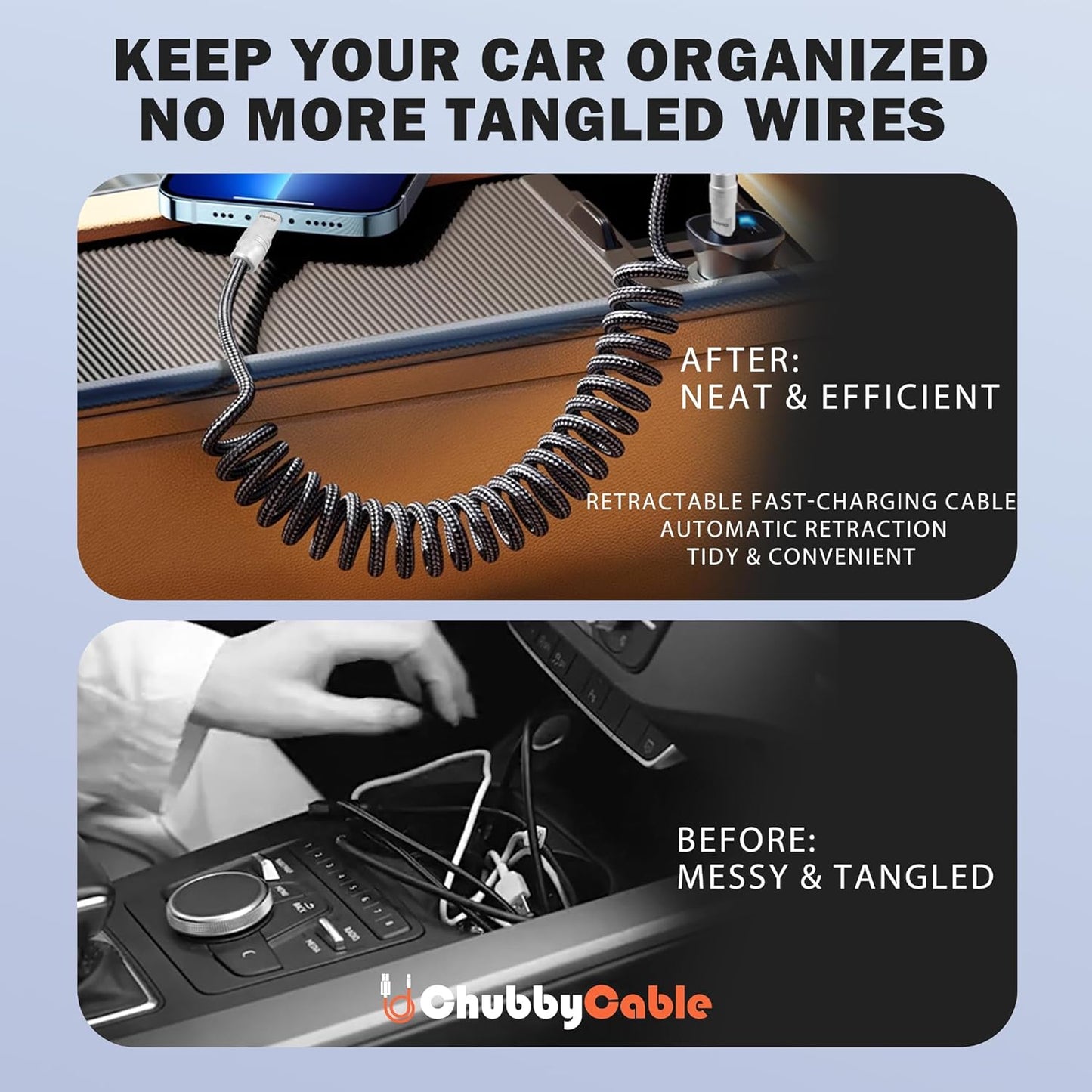 chubbycable Curly Chubby - Retractable Fast Charging Cable 240W Coiled Charger Cord for Car Durable USB-C Cable for Phones, Tablets and More, Light Blue, USB-A to Type-C, 1.3FT-2.3FT