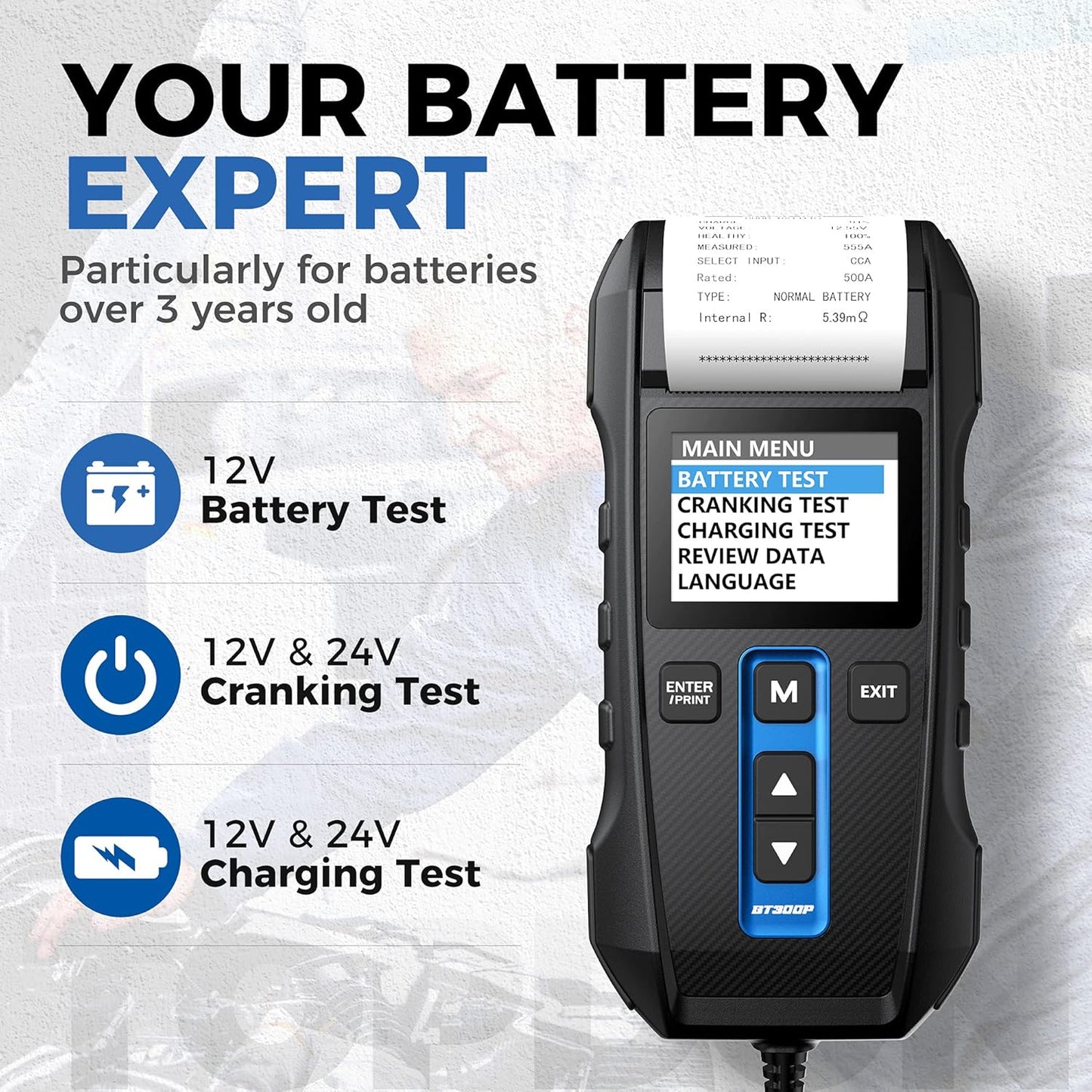 Car Battery Tester 12V 24V 100-2000CCA Lead-Acid Battery, TOPDON BT300P Alternator Tester, Load Tester, with Built-in Printer, Spark Free Metal Clamps, Automatic Reverse Polarity Protection