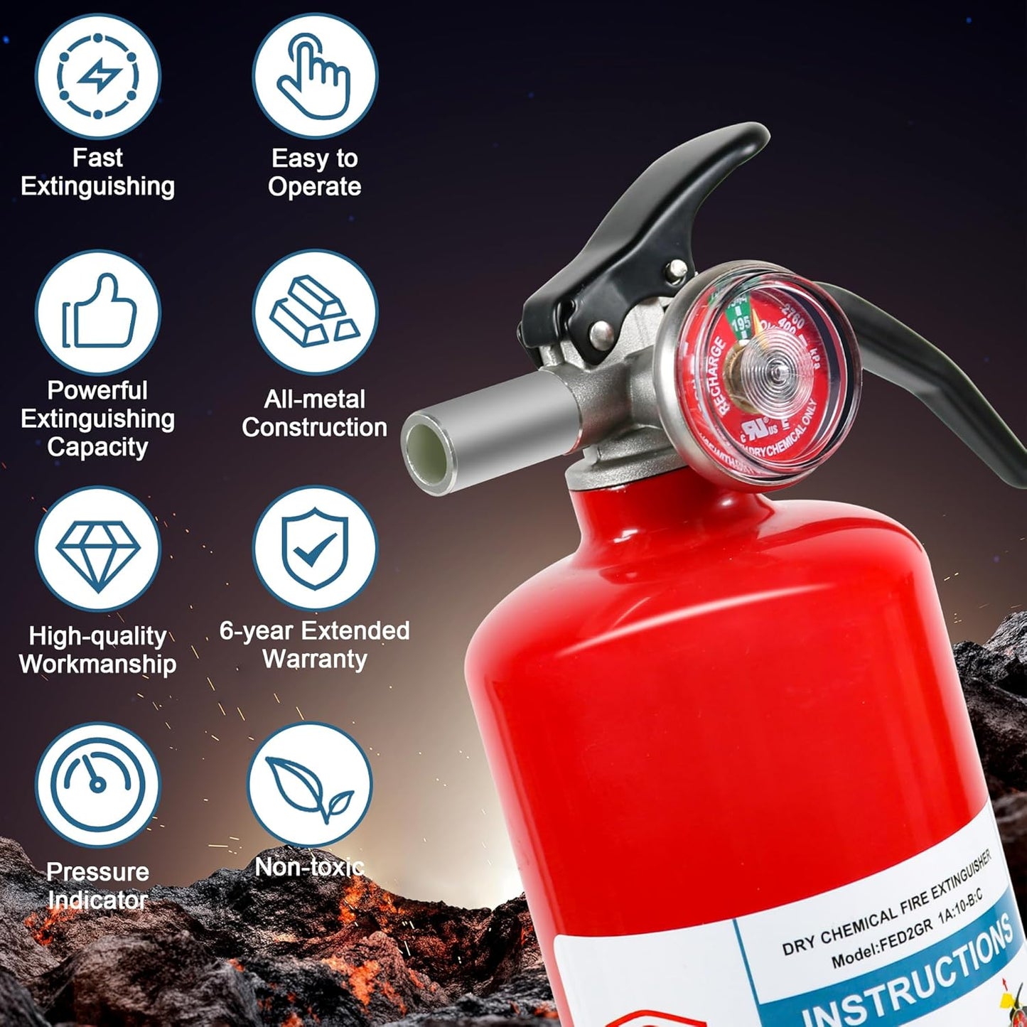 4 Pack ABC Dry Chemical Fire Extinguishers, 2.5 lb 1A:10B:C Rating for Home, Car, Boat, Quick Release Handle, Compact & Portable Dry Powder extinguisher
