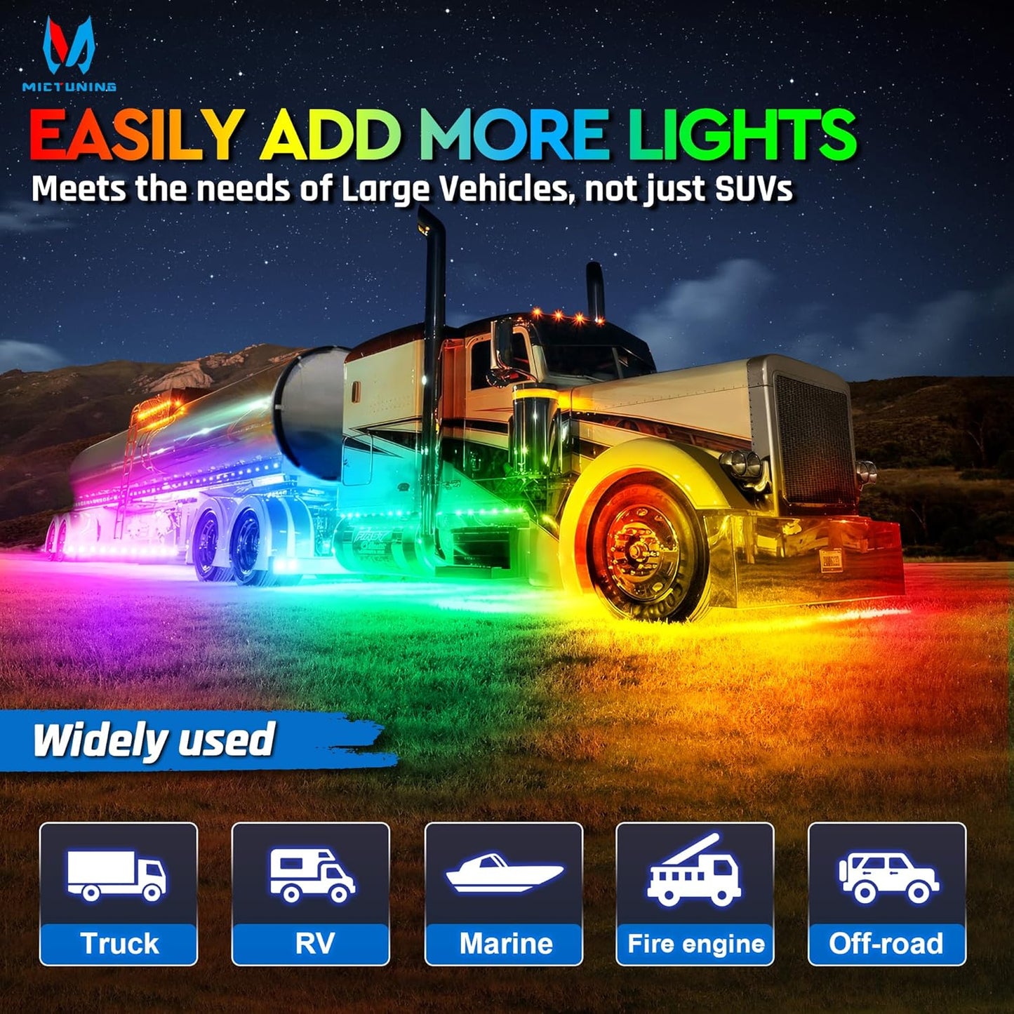 MICTUNING C2 Max RGB+IC Chasing Color LED Rock Lights - 8 Pods Underglow Lighting Kit, Dynamic Lighting Modes, Extensible Up to 24 Pods with Stable APP Control, IP68 Waterproof, DIY Effect