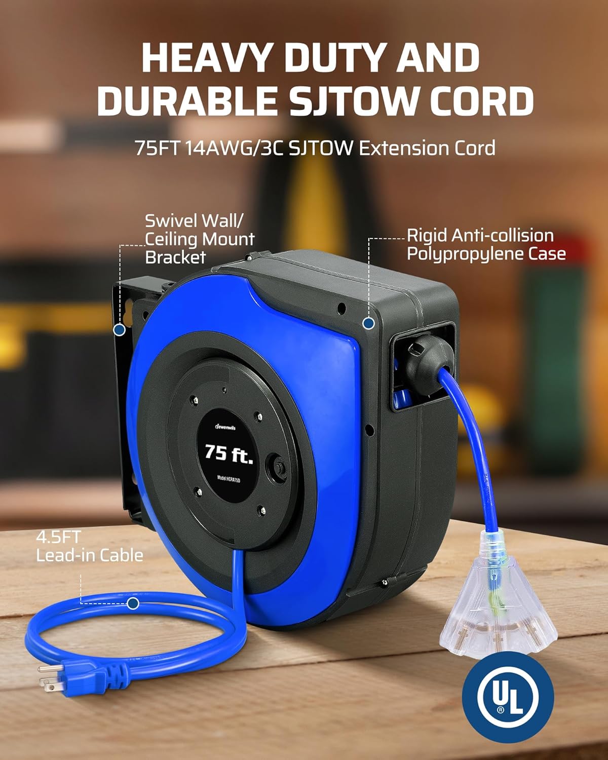 DEWENWILS Retractable Extension Cord Reel, 75 FT Heavy Duty Power Cord, 14/3C SJTOW Retractable Cord Reel, Lighted Triple Outlets, 10A Circuit Breaker, Wall/Ceiling Mount, UL Listed, Blue