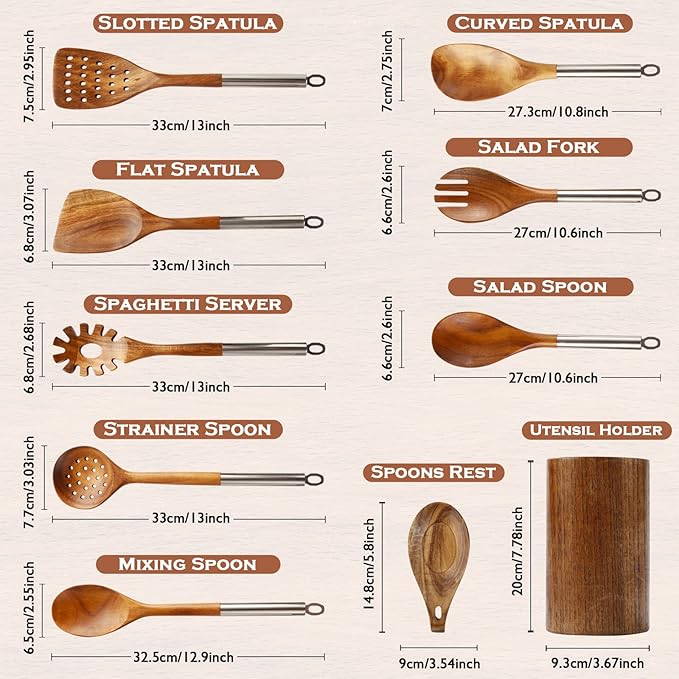 10PCS Wooden Spoons for Cooking, Spoons and Spatula Non Stick Set with Stainless Steel Handle, Teak Wooden Utensils Set with Holder & Spoon Rest, Kitchen Utensils for Non-Stick Cookware