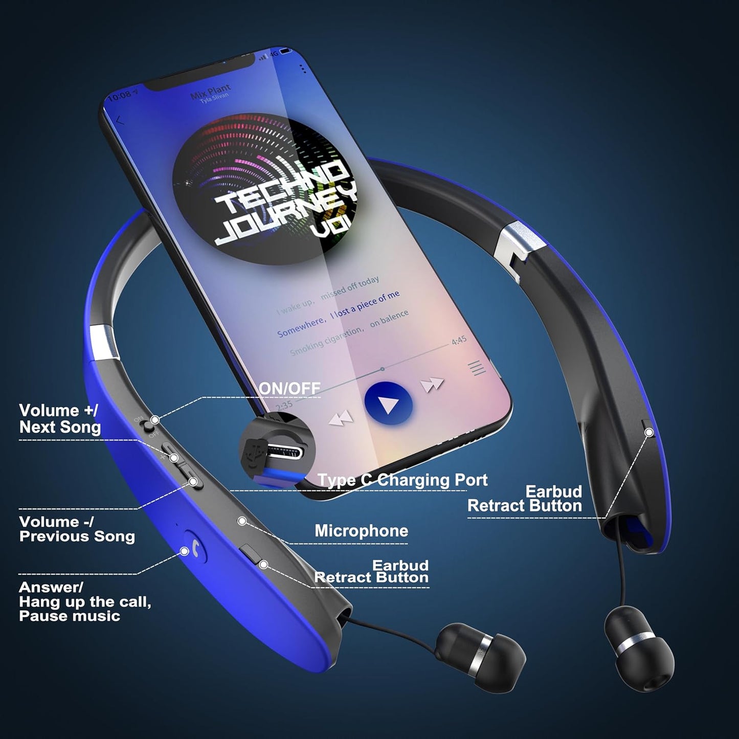 AMORNO Foldable Bluetooth Headphones Wireless Neckband Headset with Retractable Earbuds, Sports Sweatproof Noise Cancelling Stereo Earphones with Mic (Blue)
