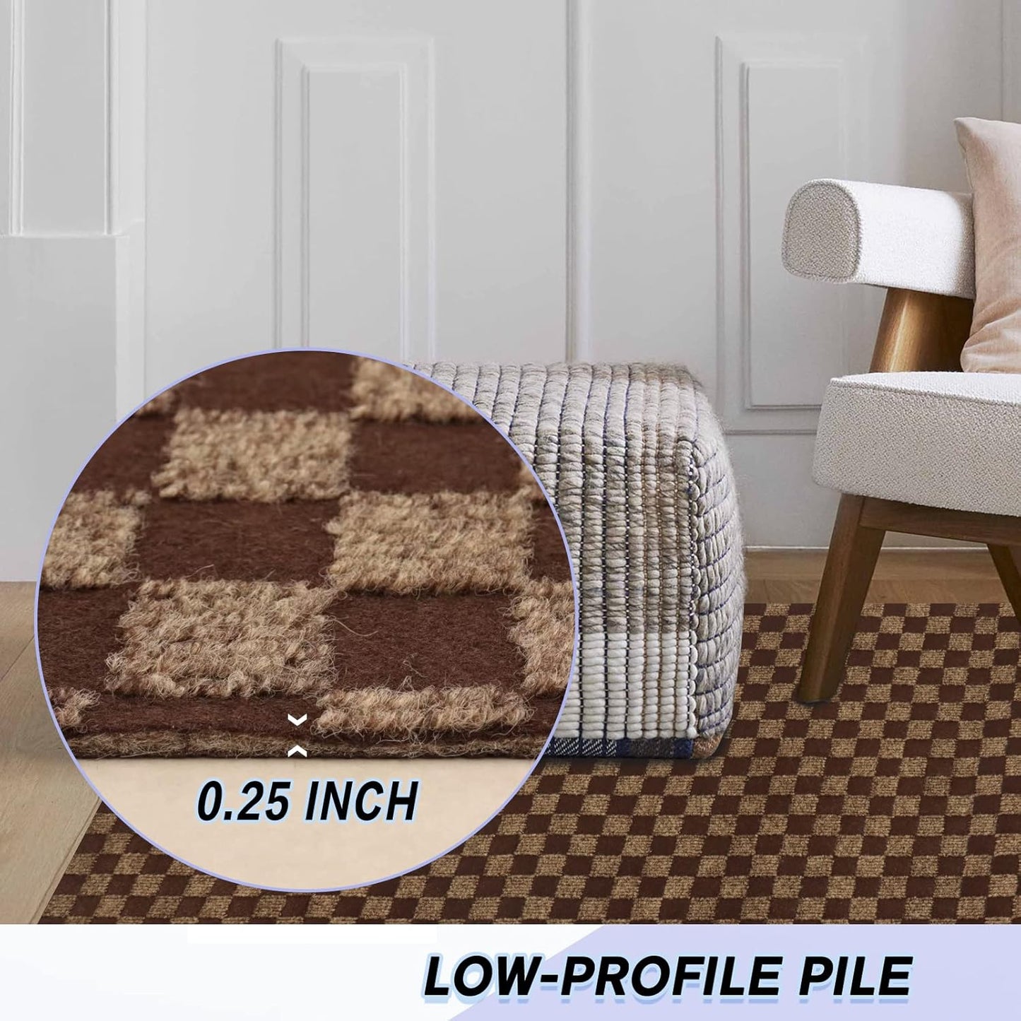 Custom Size Backed Non-Slip Area Rugs Runner, Easy Clean, Waterproof Runner Rugs for Hallway Entryway, Kitchen, Laundry, 3FT x 18FT, Brown Checkered