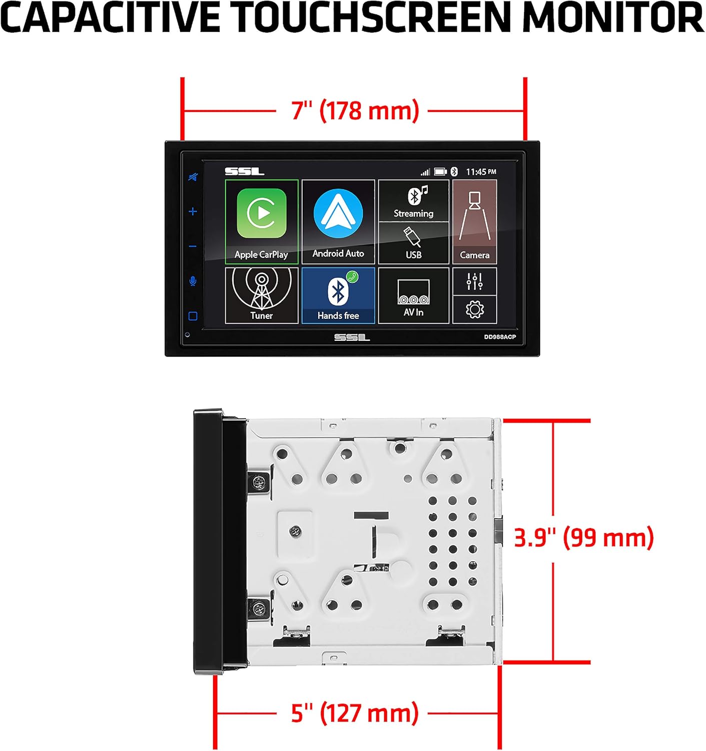 Sound Storm Laboratories DD988ACP Car Audio Stereo System – Apple CarPlay Android Auto, Double-Din 6.75 Inch Capacitive Touchscreen, Bluetooth Audio and Hands-Free Calling, No CD Player