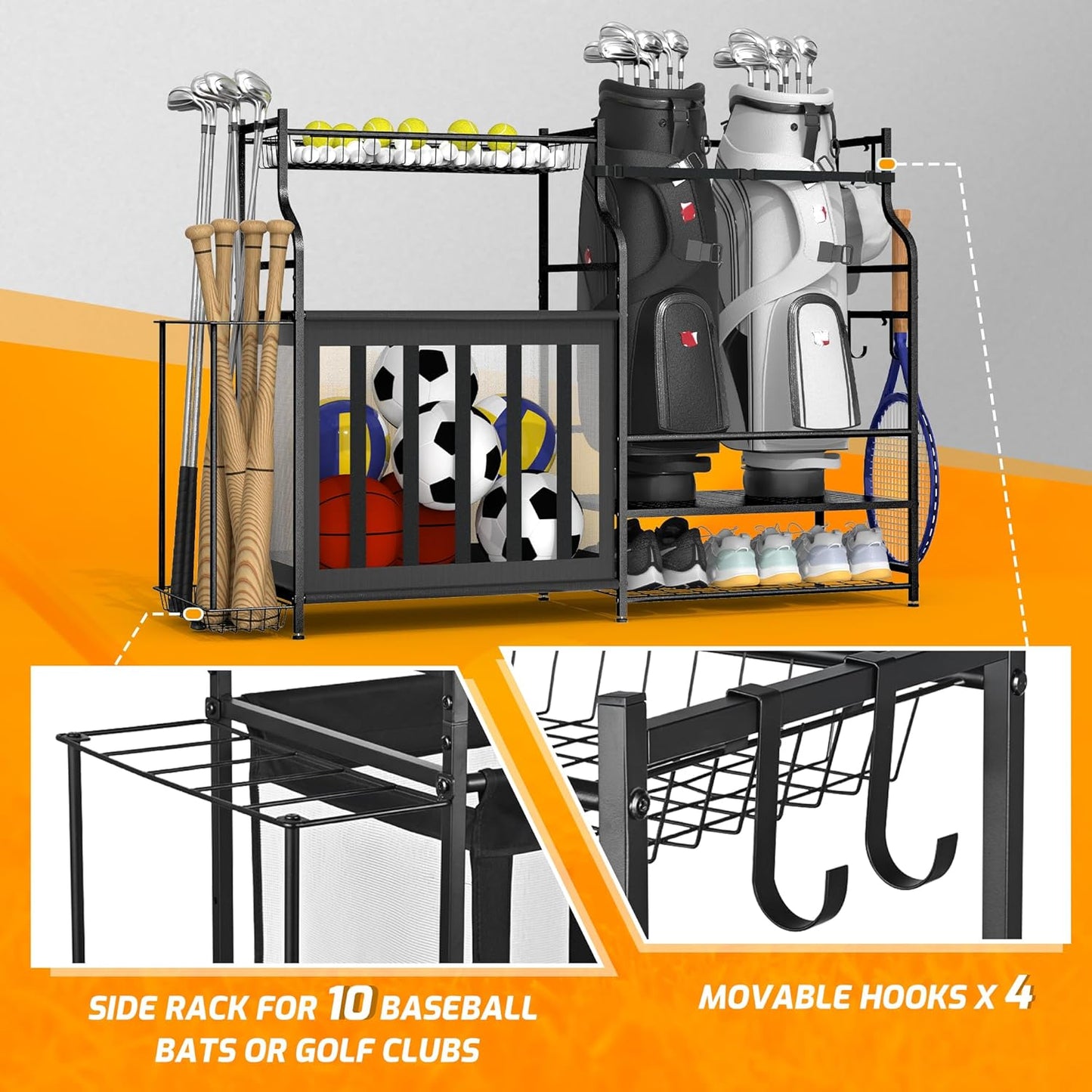 PLKOW Sports Equipment Organizer Rack, Garage Ball Rack, 2 Golf Bag Storage and Sports Gear Organizer for Garage