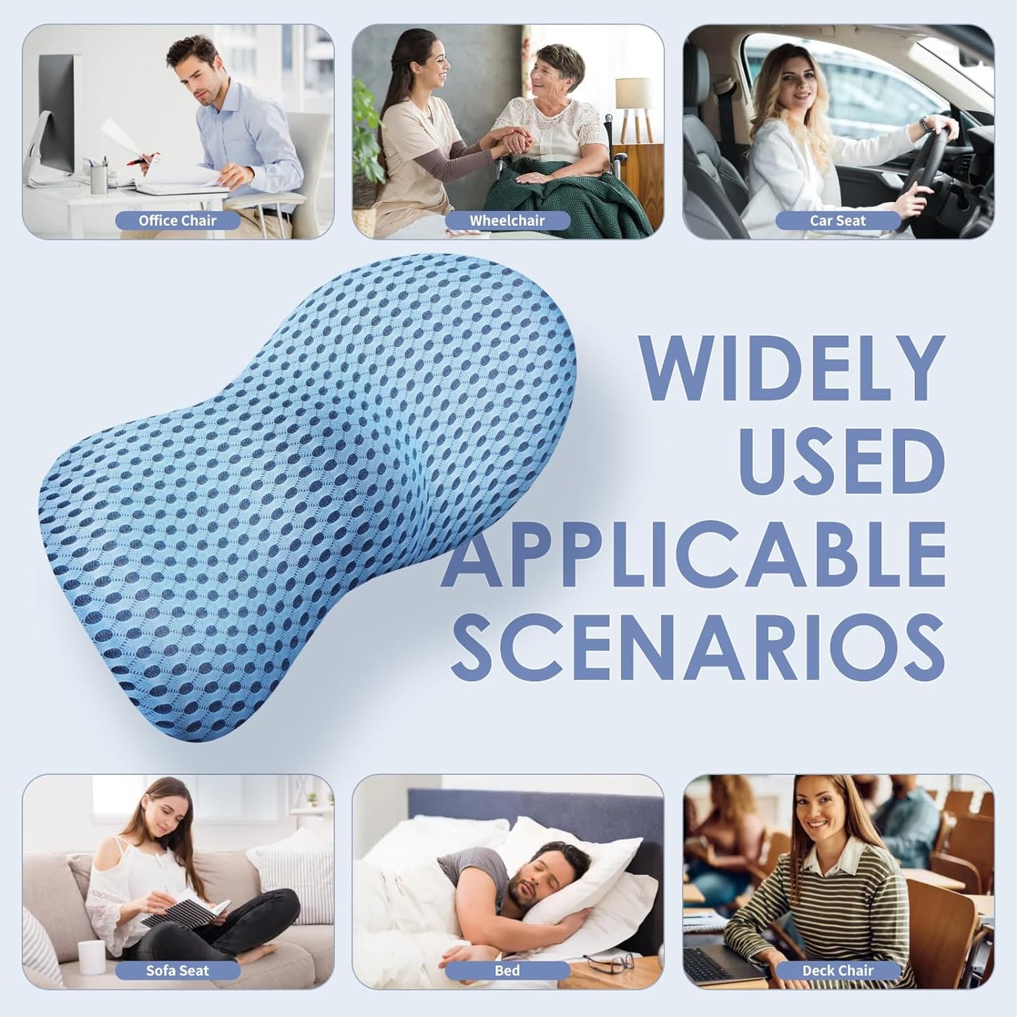 Lumbar Support Pillow Ergonomic Memory Foam, Relieve Back Pain, CMFY Breathable & Detachable & Washable, Perfect for Office Chairs, Car Seats, Beds (Blue)
