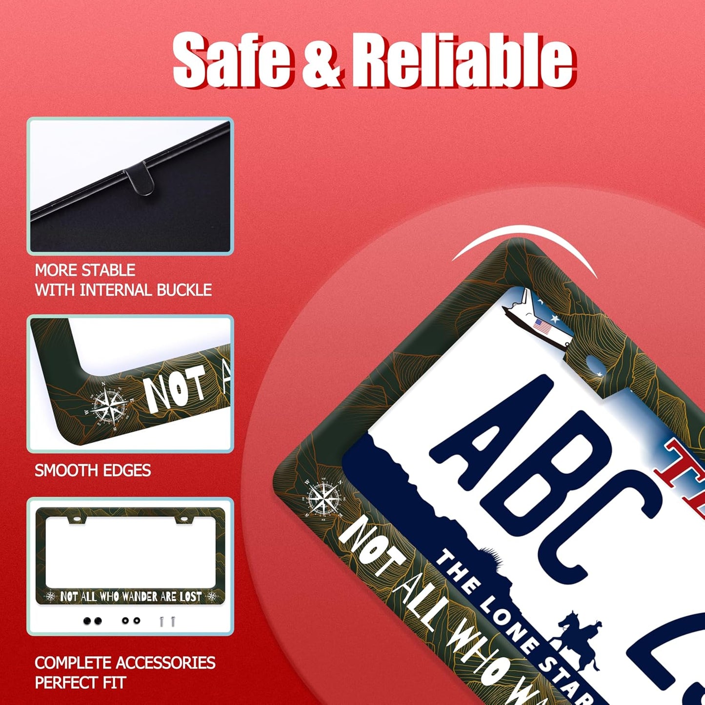 Not All Who Wander are Lost License Plate Frame Funny Golden Mountains License Plate Frames Stainless Steel Accessories Cars Decor with 2 Holes and Screws Fits Standard Us Ca Vehicles 12.2 X 6 Inch
