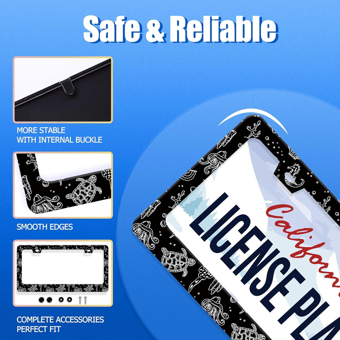 Turtles License Plate Frame Black and White Sea Turtle License Plate Stainless Steel Funny License Plate Holder Men Women Ocean Animal Car Accessory Decoration 12.3" x 6.3"