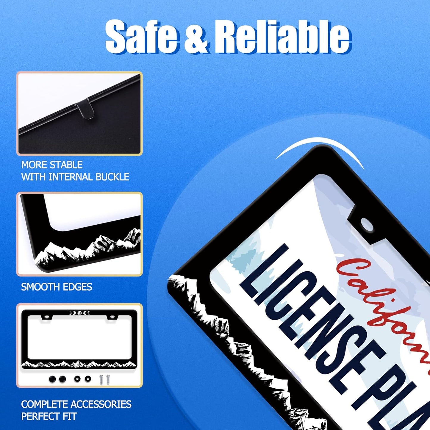 Moon Phase License Plate Frame Mountains Forest License Plate Stainless Steel Funny License Plate Holder for Men Women Universal Black Car Accessories Decoration 12.3" x 6.3"