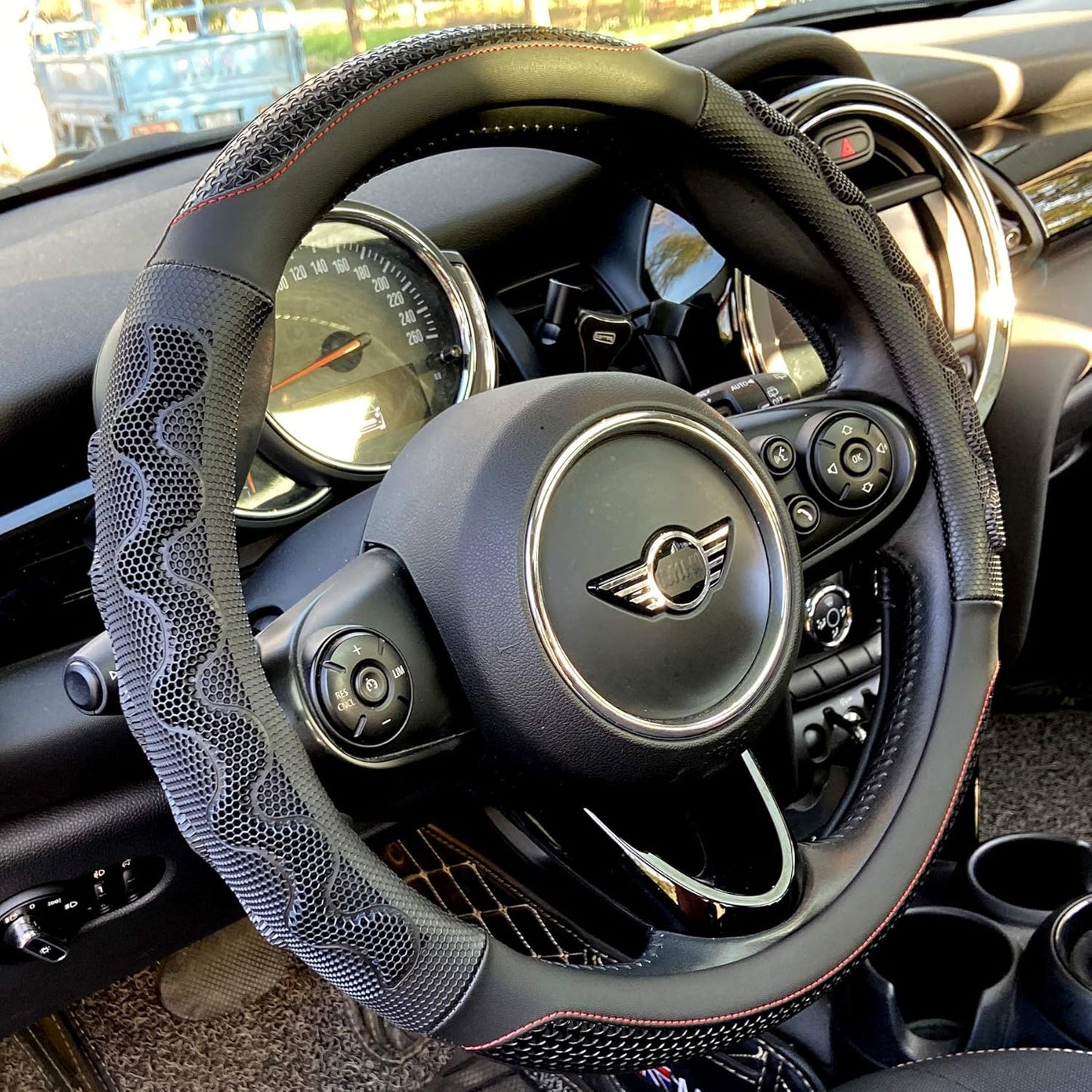 PINCTROT Steering Wheel Cover Great Grip with 3D Honeycomb Anti-Slip Design, Universal 14.5-15 Inch (Black/Red Stitch)