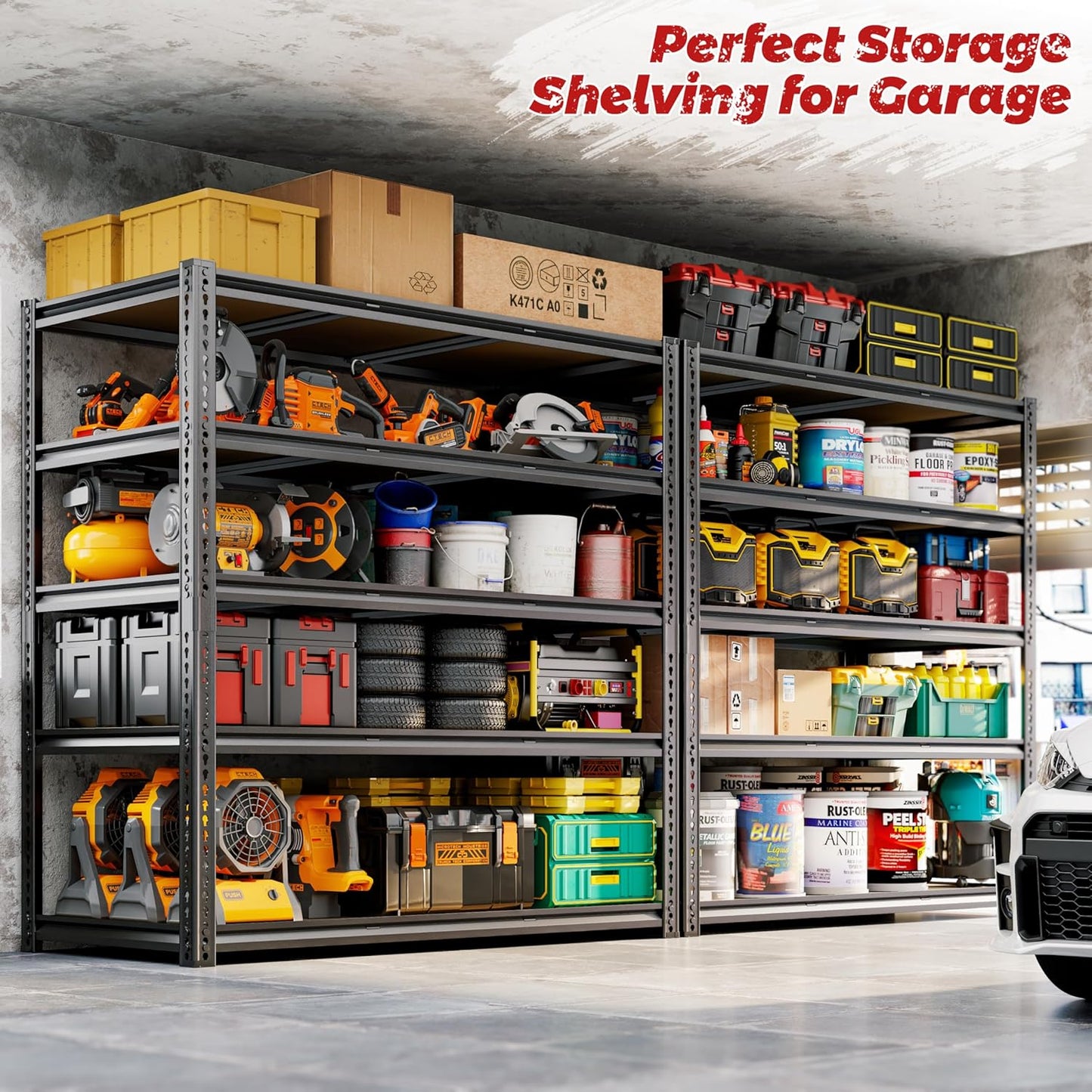 48"W Garage Shelving, 2650LBS Storage Shelves heavy duty, 5 Tier Metal Shelving Unit Adjustable Garage Shelves Heavy Duty Shelving for Warehouse,Commercial, Kitchen, 48" W × 24" D × 72" H, Black