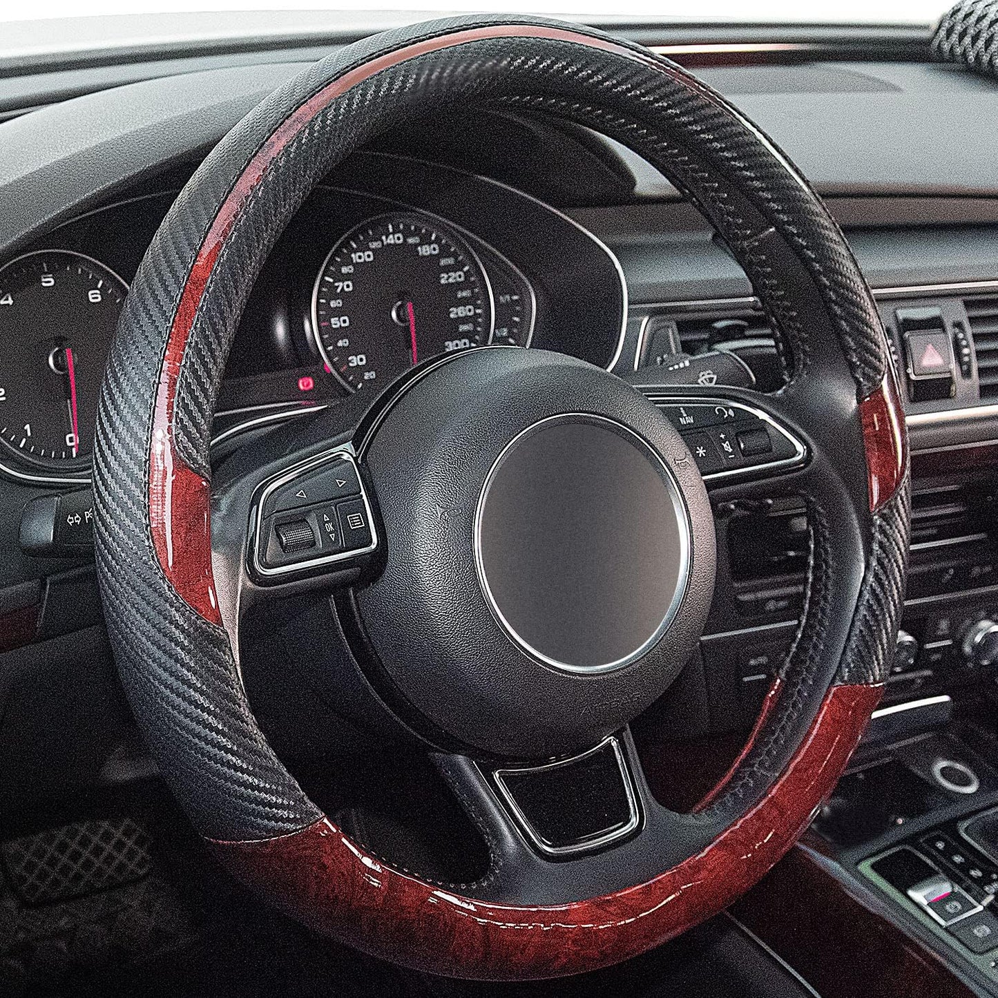 Xizopucy Wood Grain Steering Wheel Cover Red Universal Microfiber Leather, Suitable for 14 1/2-15 inch Comfortable Anti-Slip, Good Breathable and Odorless Car Steering Wheel Cover…